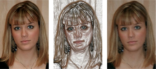 The initial image (left); after applying the Wrap Effect tool (middle); after applying the ev_crayon_full preset