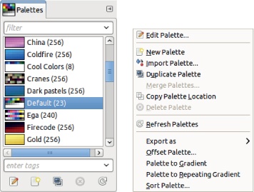 The Palettes dialog and Palettes menu