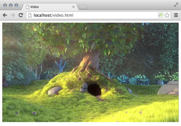 A video player in Chrome Canary when the controls attribute has not been set. Image from "Big Buck Bunny" by the Blender Foundation, bigbuckbunny.org