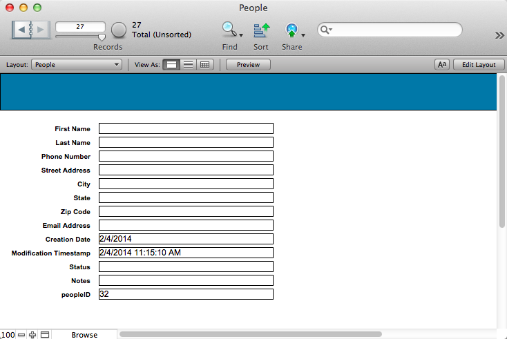 Unlike the stark emptiness shown in Figure 1-1, this view of the database has fields for entering information, and some fields even have something in them before you start to type (see page 227 for more information on auto-enter fields). The fields are arranged in a column, the way FileMaker throws them on the screen when you first create them. Compare this screen with Figure 1-3, where the fields are resized and rearranged to create a more pleasing interface to showcase your data.