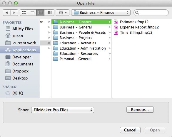 FileMaker’s Open File dialog box is pretty standard stuff, but notice the pop-up menu near the bottom left that helps you find specific kinds of files on your hard drive. If you choose FileMaker Pro Files as shown here, then all non-FileMaker files in the window are grayed out, so you can easily ignore them as you’re looking for the database you want to open.
