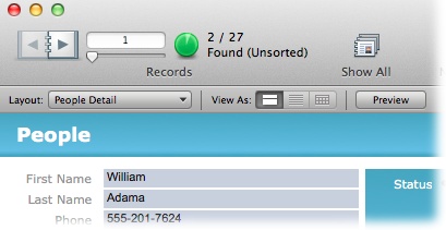 After a find, the Status toolbar shows how many records match your request. Here, FileMaker found two records with the last name of Adama. You can flip between these two records to your heart’s content, but you can’t see any records not in your found set. To see the other records, click the green pie or choose Records→Show Omitted Only. FileMaker swaps your found set and shows you the other records in your database. Then, when you’re ready to look at all your records again, click the Show All button.