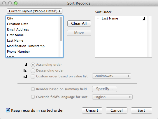 The Sort Records dialog box has a lot of options, but the two lists on top and the first two radio buttons are critical to every sort you’ll ever do in FileMaker. You pick the fields you want to sort by and the order in which they should be sorted and then click Sort. That’s the essence of any sort, from the simple to the most complex.