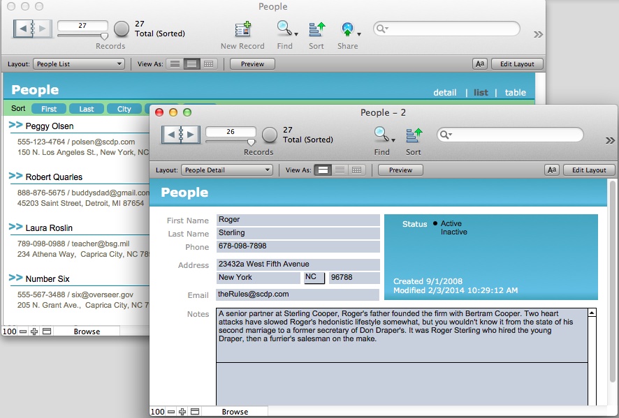 The back window shows several records in the People database’s List View layout. But the window in the front shows one record in Detail view. You can also tell that the front window was spawned from the back window because its name has a “–2” added to it. You can flip through records in the front window in their detailed glory and leave your list intact in the background.
