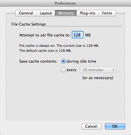 Specify the size of FileMaker’s cache and how often your work is moved from the cache to your hard drive. (Nerds call that “flushing the cache.”) A larger cache yields better performance but leaves more data in RAM. If you’re working on a laptop, you can conserve battery power by saving cache contents less frequently. But infrequent cache saving comes with some risk: In case of a power outage or other catastrophe, the work that’s in cache is lost for good.