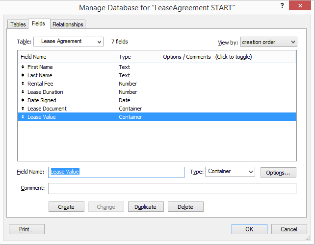 The Manage Database window is the most efficient way to create and manage fields. You can also Duplicate or Delete fields here. Rename a field by selecting it from the list, typing the new name and then clicking the Change button.