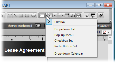 In Windows, an arrow to the right of the tool lets you view the pop-up menu. On a Mac, press and hold the Field/Control tool to reveal its pop-up menu. The Field/Control tool icon changes to reflect your choice and then you use the crosshair cursor to drag on the layout and create the new field. When you’re creating fields, turn on dynamic guides, so you can see the size, shape, and location of the new fields. The dotted horizontal line represents the field’s baseline.