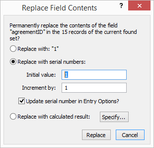 In the Replace Field Contents dialog box, the default button is not the one that does the action you’ve just set up. The Replace command can’t be undone, so FileMaker is saving you from unintentionally destroying good data if you hit Enter too soon. Instead, pressing Enter cancels the replacement and leaves everything as it was. Replace Field Contents is a lifesaver when you have to retrofit a table with a key field after you’ve created records. However, replacing data after you’re created relationships between tables is risky—if the value in the key field in either table changes, the child record gets disconnected from its parent.