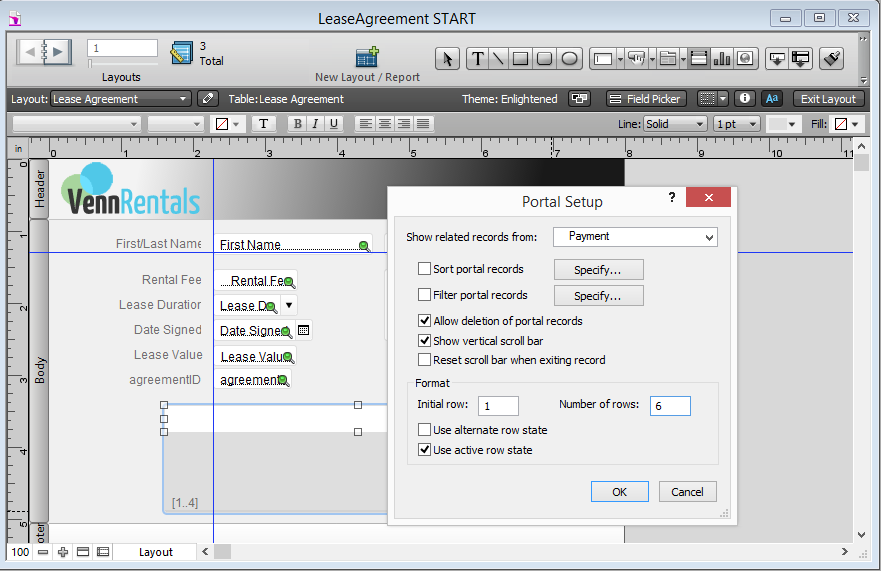 In the upper right of the Status toolbar, you see the Portal tool selected. On the layout you can see an outline where the portal will be when you finish creating it. The settings shown in the Portal Setup dialog box above, along with the relationship’s setting to allow record creation, let you create, edit, and delete Payment records without ever having to visit a Payment layout.