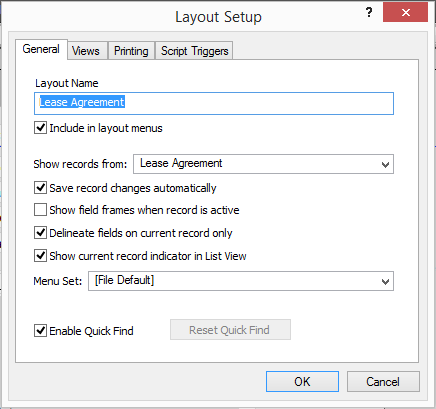 The Layout Setup dialog box tells you that the Lease Agreement layout shows records from the Lease Agreement table occurrence. The “Include in layout menus” option lets you determine which of your layouts show up in the Status toolbar’s Layout pop-up menu. Deselecting this option is a good way to keep users off a layout you don’t want them to see, like your Payments layout or layouts you create for printing envelopes or mailing labels.