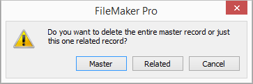 Just clicking in a field on a portal row doesn’t give FileMaker enough information about context, so it asks you which record you want to delete. If you click Master or Related (but not Cancel), you’ll get a second window asking if you’re sure you want to delete the record.