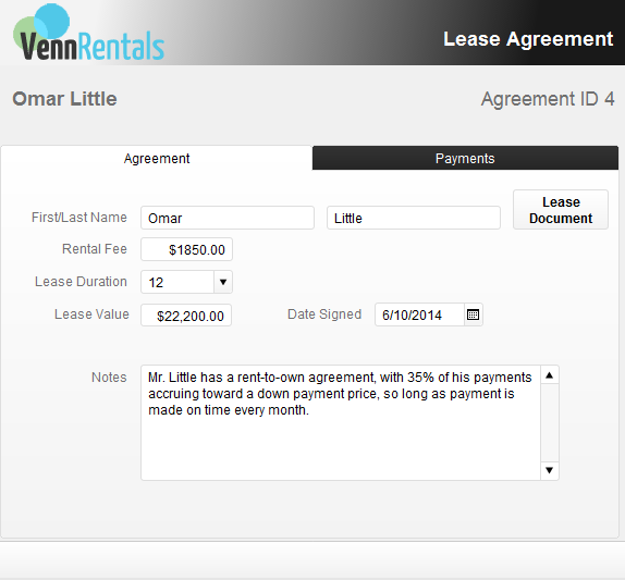 This version of the Lease Agreement layout has a large Tab Control covering most of its area. The Tab Control has two tabs, with the existing fields divided among them. The Agreement tab has the basic data, plus a Popover button for the Lease Document (more on popover buttons on page 148). The Payment portal has been moved to the Payments tab. Check the finished sample file to see what those tabs look like.