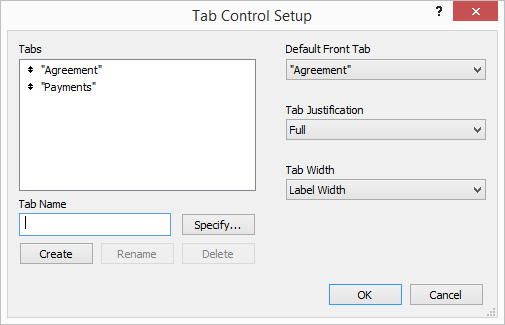 These are the settings for the Tab Control shown in Figure 4-16. Tab widths are automatically determined by the length of their names. But you can use the Tab Width pop-up menu to add extra space, set a minimum or fixed width, or make all tabs the width of the widest label. All Tab Width options are overridden if you select Full justification, though.