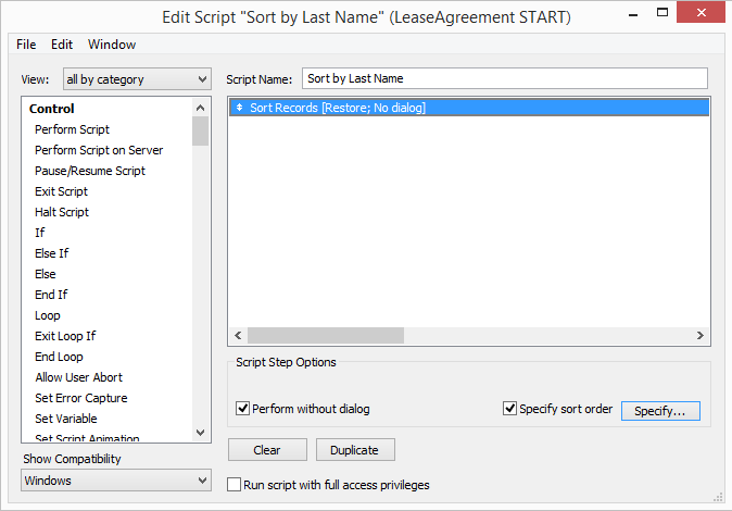 The Edit Script window contains everything you need to write a script. Here the list of available script steps is filtered by View: Found Sets, but you can also sort all the script steps alphabetically if you prefer. Many of the script steps available are the same as the commands in FileMaker’s menus. If you know how to use those commands manually, you know how they’ll behave as script steps. But there are some commands that you can access only through scripting, and the subject is so deep and wide that this book has three Chapters—11, 12, and 17—devoted to the subject.