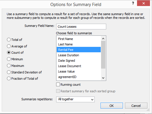 You’d see a nearly identical window if you used the Manage Database window to create a summary field. Summary fields do just what their name implies: They summarize groups of data. You can apply one of several mathematical operations to the fields, including Totals, Averages, and Counts. You can count any field, but you can’t apply math to text fields. So if you’re trying to select a field, but it’s grayed out, check the operation you’re trying to perform. It may not be the right option for the field you want to summarize (or the field’s definition may be set to the wrong type).