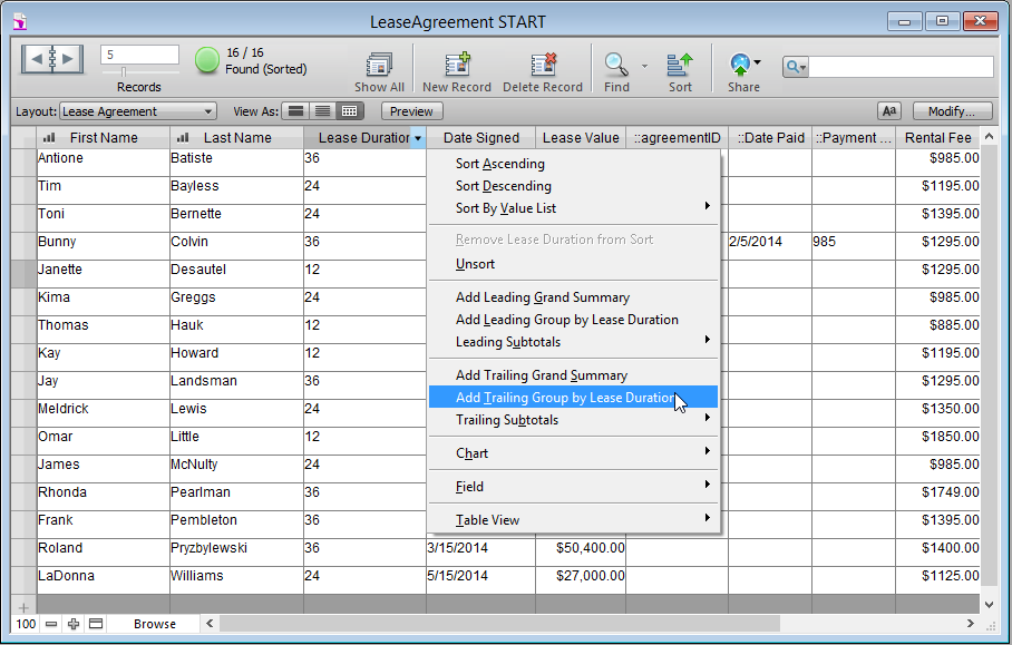 The contextual menu for column heads in table view lets you create quick Trailing Group reports, but it also lets you change the field’s type or options, delete the field, add new summary fields, or sort the records you’re viewing. You can even change the way the Table view behaves by adding or deleting fields from the layout or changing a column’s width. In this case, the “Trailing Group by Lease Duration” field would disappear from Table View. But if you’ve created a summary field for the Trailing Group, the field isn’t deleted from the table.