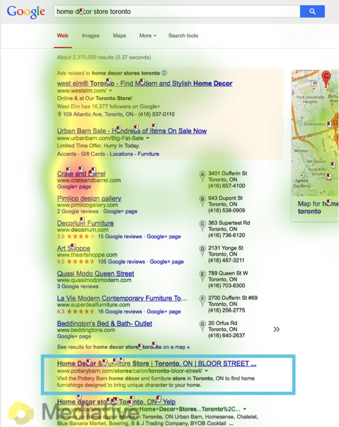 Google SERP, eye-tracking results, 2014: lower SERPs get more attention