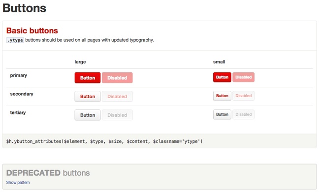Yelp’s style guide includes a section on buttons that showcases the right way to style primary, secondary, and tertiary buttons, as well as a section on deprecated button styles that should no longer be used.