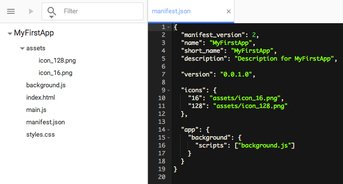 manifest.json as created with the Chrome Dev Editor
