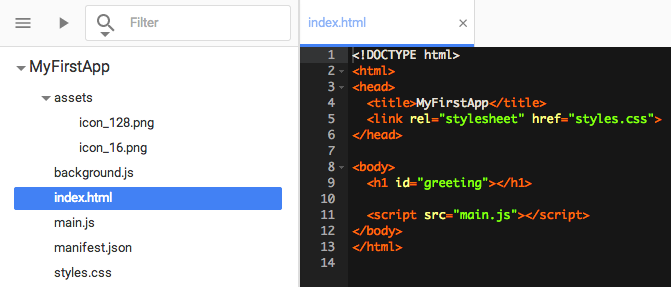 index.html as created with the Chrome Dev Editor