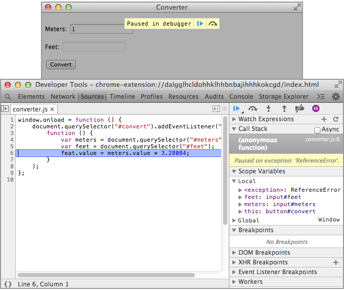 The Developer Tools debugger gives the location of a bug