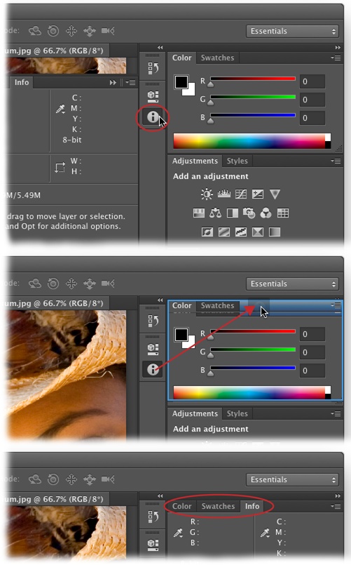 Top: When you open a new panel, Photoshop adds it to a column to the left of your other panels and gives it a handy button that you can click to collapse or expand it, like the Info panel’s button circled here. The tiny dotted line above each button is its handle; click and drag one of these handles to reposition the panel in the column, add the panel to a panel group, and so on. If the panel you opened is related to another panel—like the Brush panel and the Brush Presets panel—then both panels will open as a panel group with a single handle.Middle: When you’re dragging a panel into a panel group, wait until you see a blue line around the inside of the group before you release your mouse button. Here, the Info panel is being added to a panel group. (You can see a faint version of the Info panel’s button where the red arrow is pointing.)Bottom: When you release your mouse button, the new panel becomes part of the group. To rearrange panels within a group, drag their tabs (circled) left or right.If the blue highlight lines are hard to see when you’re trying to group or dock panels, try dragging the panels more slowly. That way, when you drag the panel into a group or dockable area, the blue highlight hangs around a little longer and the panel becomes momentarily transparent.