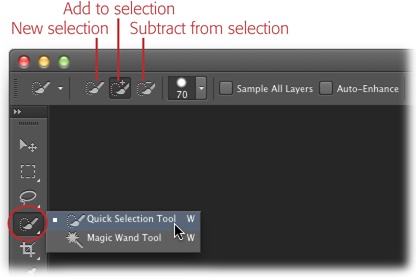 You can press the W key to activate the Quick Selection tool. (To switch between it and the Magic Wand, press Shift-W.)When you activate the Quick Selection tool, the Options bar sports icons that let you create a new selection as well as add to—or subtract from—the current selection.