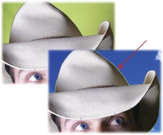 Here you can see the intrepid cowboy on his original green background (top) and on a new, blue background (bottom).The green pixels stubbornly clinging to his hat are an edge halo.