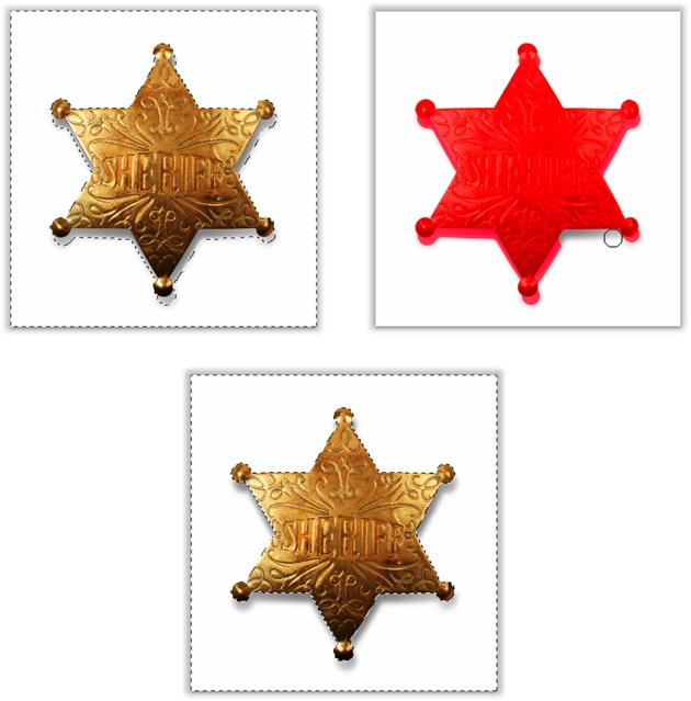 Top left: To select the area around this badge, start by selecting the white background with the Magic Wand tool.Top right: When you pop into Quick Mask mode, Photoshop leaves the area you’ve selected in full color (in this case, white) and puts a red overlay over everything else. Now you can quickly clean up problem areas—like the drop shadow beneath the badge—because they’re so easy to spot with the red overlay. Use the Brush tool set to paint with black or white, or the Polygonal Lasso tool (and then fill the selection area with black or white).Bottom: Once you’re finished, press Q to exit Quick Mask mode, and you see the fine-tuned selection marked by marching ants.