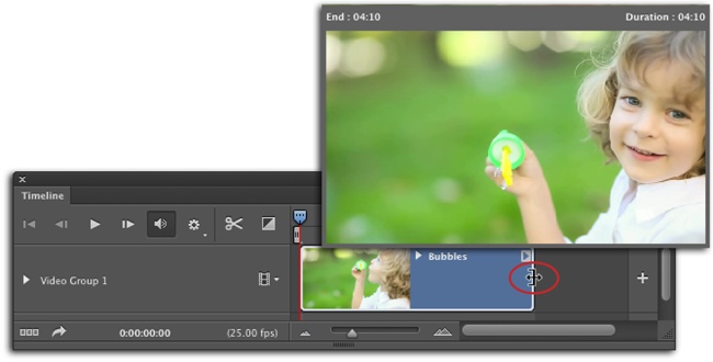 Point your cursor at the start or end point of a clip and the cursor turns into a bracket with a double-sided arrow (circled). The bracket points toward the clip that will be affected (here, the bracket faces left). Click and drag the bracket left or right and Photoshop opens the preview window visible here, which shows exactly which frame you’re trimming the video down to. Handy, eh?