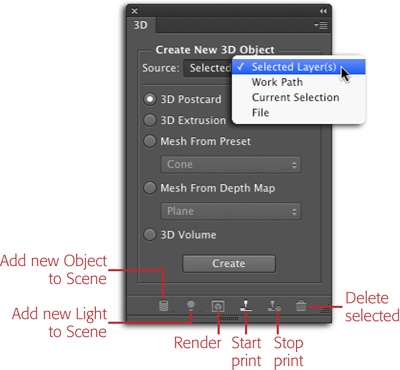 The 3D panel’s Source menu lets you create a 3D object from one or more layers, a work path, a selection, or another file. Use the radio buttons below this menu to tell Photoshop what kind of object you want to create (these options are covered later in this chapter). The icons at the bottom let you add another object or light to your scene, render the scene in high quality, delete a 3D object you’ve activated, and start and stop a 3D print job.Enjoy the simplicity of these controls while you can because they change drastically the second you click the Create button!