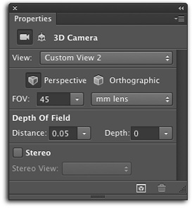 The Properties panel includes camera options that a cinematographer would love! Once you change your view, using the Move tool and the Options bar’s 3D mode icons, or by using the 3D Axis HUD, the panel’s View menu changes to read Custom. Picking another item from this menu changes your camera’s viewing angle (you can undo the view change by pressing ⌘-Z/Ctrl+Z).Unfortunately, a detailed explanation of all these settings is beyond the scope of this book.
