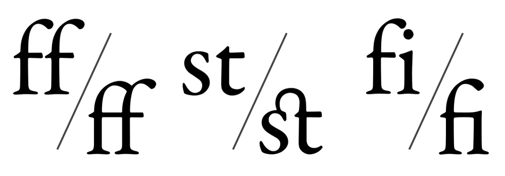 Examples of ligatures (standard characters to the left, ligature glyphs to the right in each pair)