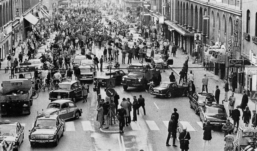 Stockholm, Sweden in 1967 on the day they switched from left-side to right-side driving.
