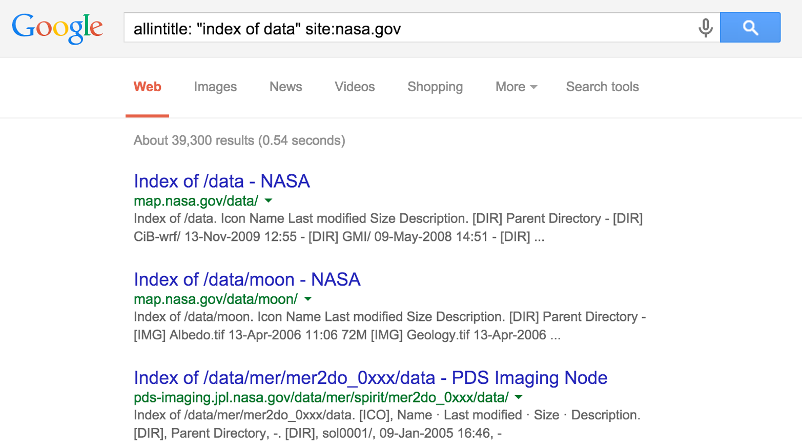Identifying indexed web directories under nasa.gov
