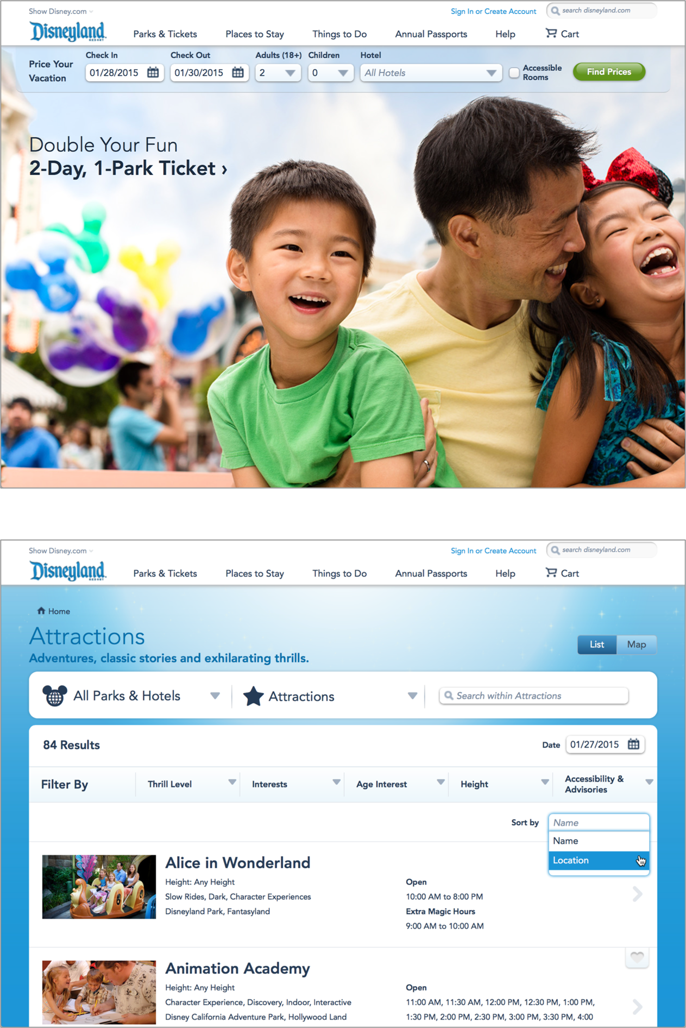 The information architecture used on Disneyland’s website is the “travel and hospitality” type; the “lands” structure, which so dominates the parks, plays a minor supporting role in the site