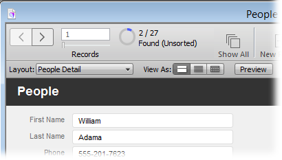 After a find, the Status toolbar shows how many records match your request. Here, FileMaker found two records with the last name Adama. You can flip between these two records to your heart’s content, but you can’t see any records not in your found set. To see the other records, click the blue ring or choose Records→Show Omitted Only. FileMaker swaps your found set and shows you the other records in your database. Then, when you’re ready to look at all your records again, click the Show All button.