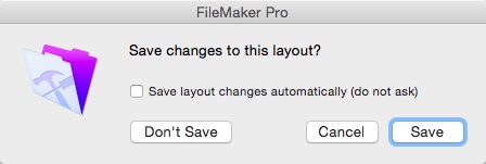 Once you feel comfortable editing layouts, you can tell FileMaker to stop asking you about layout changes by turning on “Save layout changes automatically (do not ask).” An option in FileMaker’s preferences lets you turn the Save dialog box back on if you decide you need it. In Windows, choose Edit→Preferences, on a Mac, choose FileMaker Pro→Preferences, and then click the Layout tab.