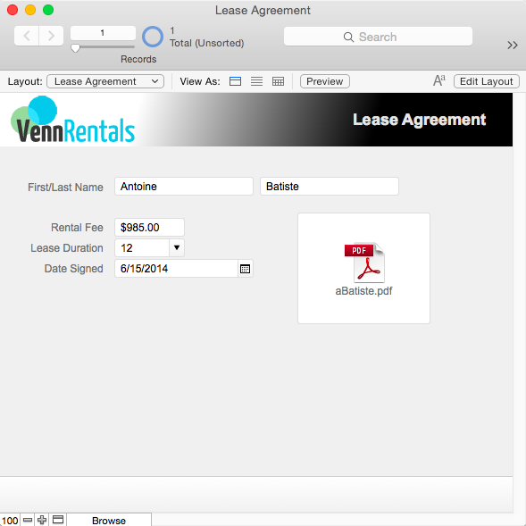 Here’s a preview of your finished layout in Form view. The layout features a logo and title, and the data has been chunked together to help make visual sense. The Lease Document container field is larger, and you can see a thumbnail version of the file itself. The Rental Fee field has been formatted for currency, and the Lease Duration and Date Signed fields have field controls that make data entry quick and consistent.