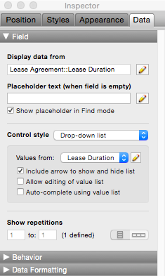 Options like checkbox sets and pop-up menus are called Control styles. Fields that don’t have a control style are edit boxes, and that’s what you’ll see selected when you first create a field. There are two parts to adding a Control style to a field. First you select the type of control you want. Then you have to choose or create a value list containing the choices available for the field when you’re doing data entry.
