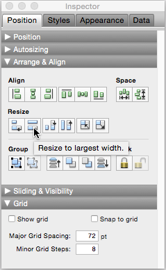 The Inspector’s Arrange and Align tools have icons that indicate their purpose. If you’re not sure which tool to use, point to a tool to see the tool’s pop-up tooltip. Here the mouse is pointing to the “Resize to largest width” tool. If you get unexpected results, just choose the Edit→Undo Resize command, and all your objects return to their original sizes.