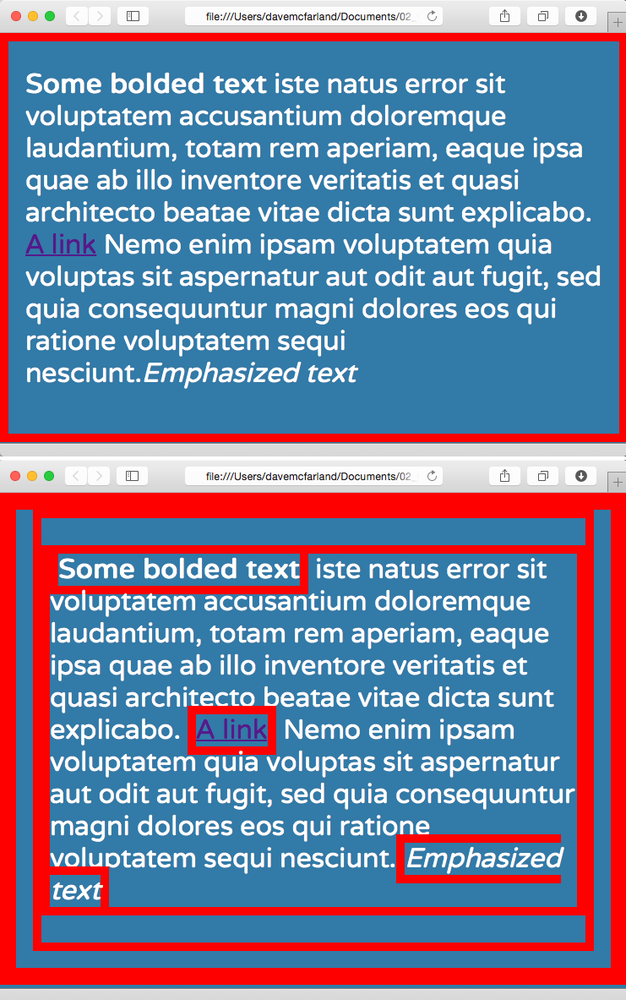 Fortunately, not all properties are inherited. The border applied to the body of this page (the thick red outline around the content) in the image at top isnât inherited by the tags inside the body. If they were, youâd end up with an unattractive mess of boxes within boxes within boxes (bottom).