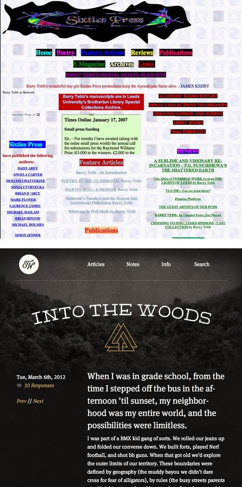 Good web typography makes sites that are easy to read and enjoyable to look at. Using too many fonts or too many typographic flourishes often leads to confusing and difficult to understand web pages (top). Using different type sizes, subtle style choices, and only a couple font variations makes a page easy to scan, and fun to read (bottom).