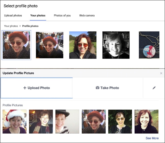 With both Google+ and Facebook, users can upload multiple images to use for the profile. The user can swap them in and out whenever she pleases quite easily ( and ).