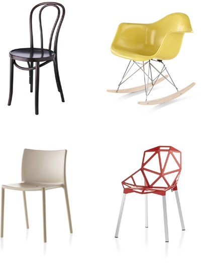 Clockwise from upper left: No.18 Thonet chair, Eames Molded Fiberglass Armchair with rocking base, Chair_One, Air-Chair (photo credit: Thonet, Herman Miller Inc.)