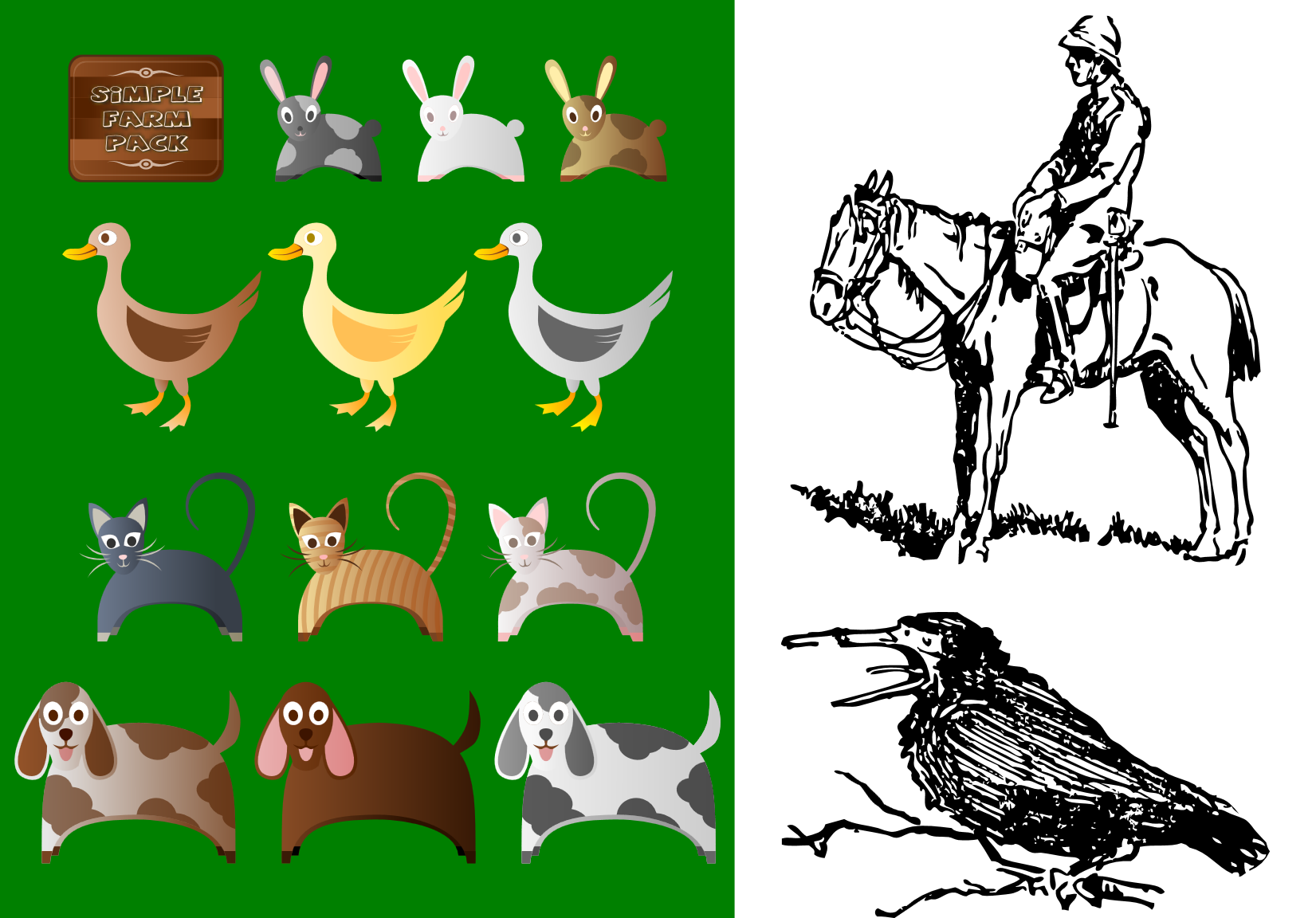 The farm animals are drawn in a very stylistic manner, with swooping curves and shiny gradients; each row has a different type of animal (rabbits, ducks, cats, and dogs) with three color variations.  The traces of Baden-Powell's drawings are black and white, with all the appearance of pen and ink drawings; the upper image is a soldier on a horse, the lower image is a black crow, beak open.