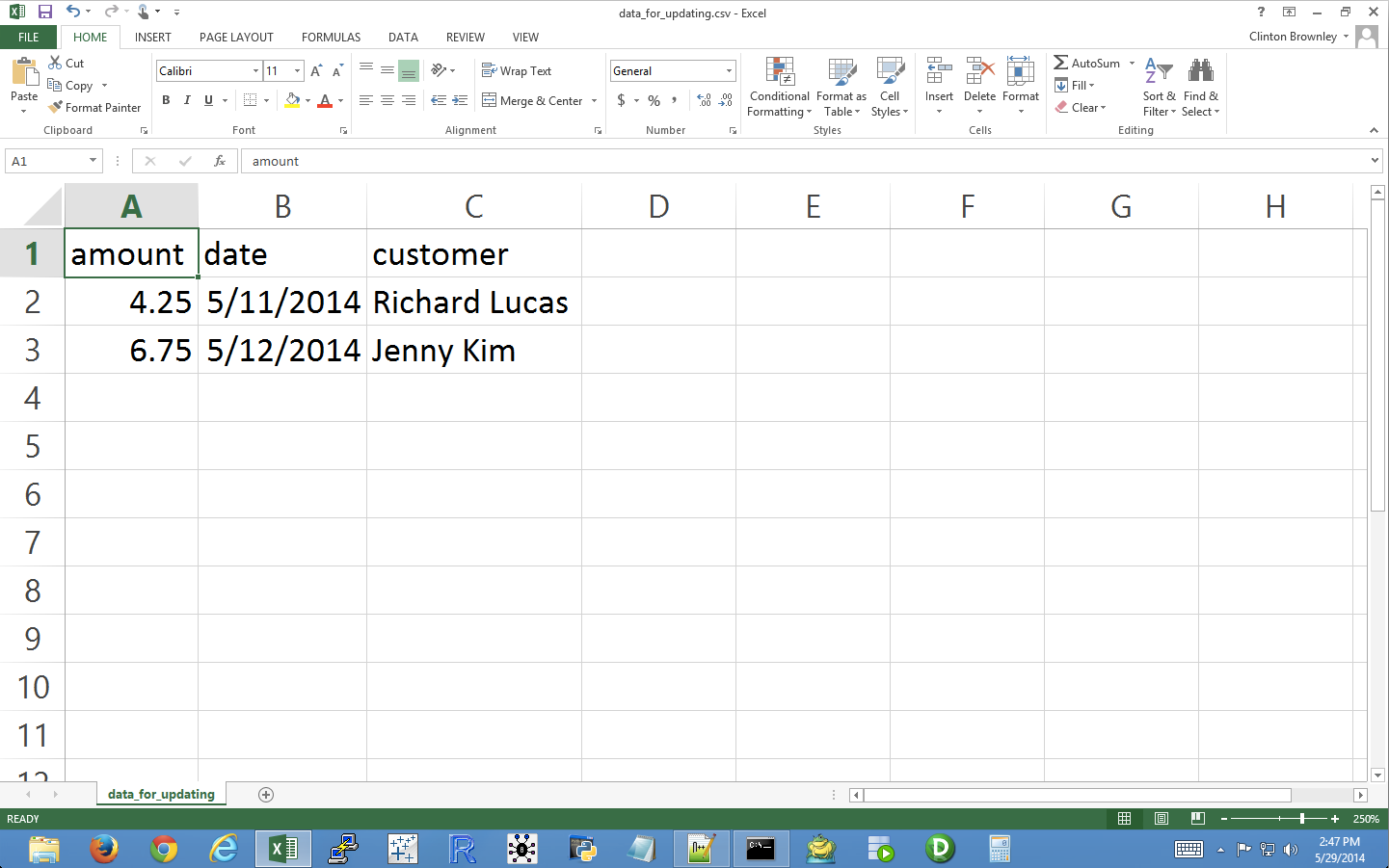 Example data for a CSV file named data_for_updating.csv, displayed in an Excel worksheet