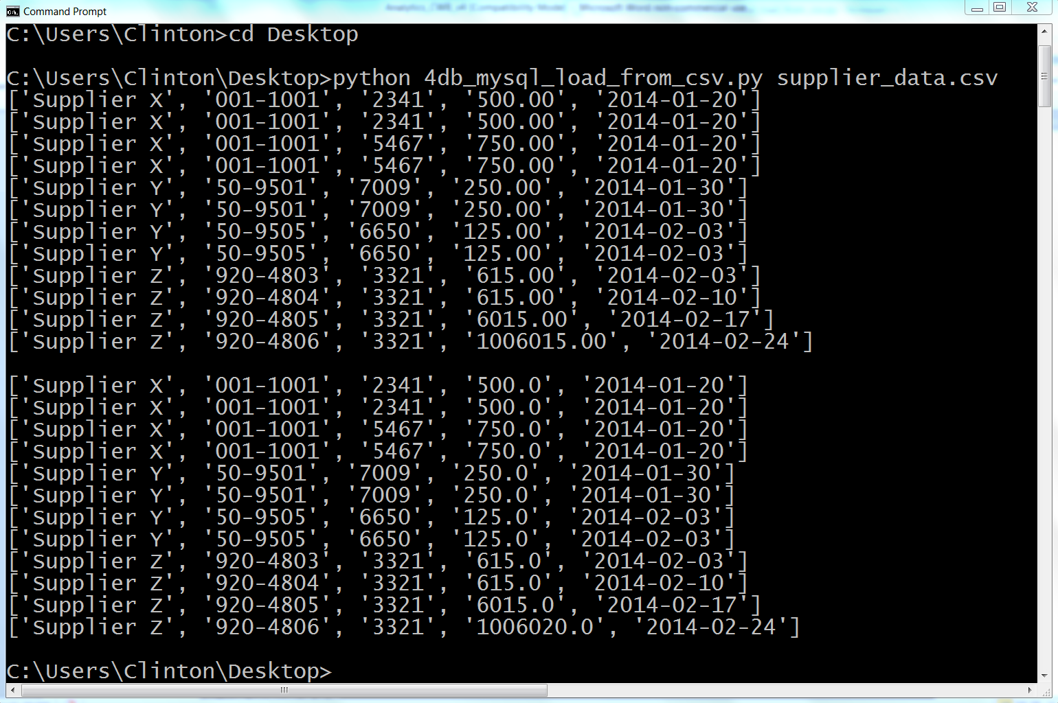 This figure displays the data in the CSV file, supplier_data.csv, that is inserted into the MySQL table, Suppliers. The first block of output is the data as it’s parsed from the CSV file, and the second block of output is the same data as it’s queried from the database table.