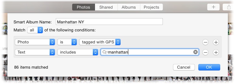 This smart album finds all the photos that contain GPS info and the text âManhattan.â With the Match menu set to âall,â only pictures that were taken in Manhattan, New York show up, which excludes all the pictures youâve taken that include the word âManhattanâ elsewhere in their metadataâsay, in a description of the famous cocktail you imbibed.