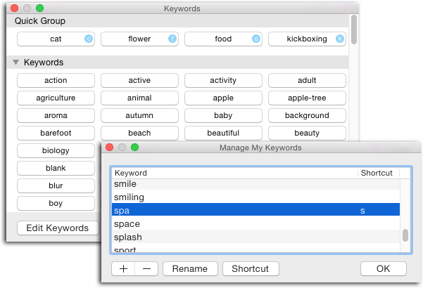 Left: You can drag the keywords you use most to the Quick Group area. Not only are they easy to find up there, they also get their own single-letter keyboard shortcut.Right: To edit a keyword or its keyboard shortcut, double-click the entry in its respective column or select the keyword, and then click the appropriate button (Rename or Shortcut).